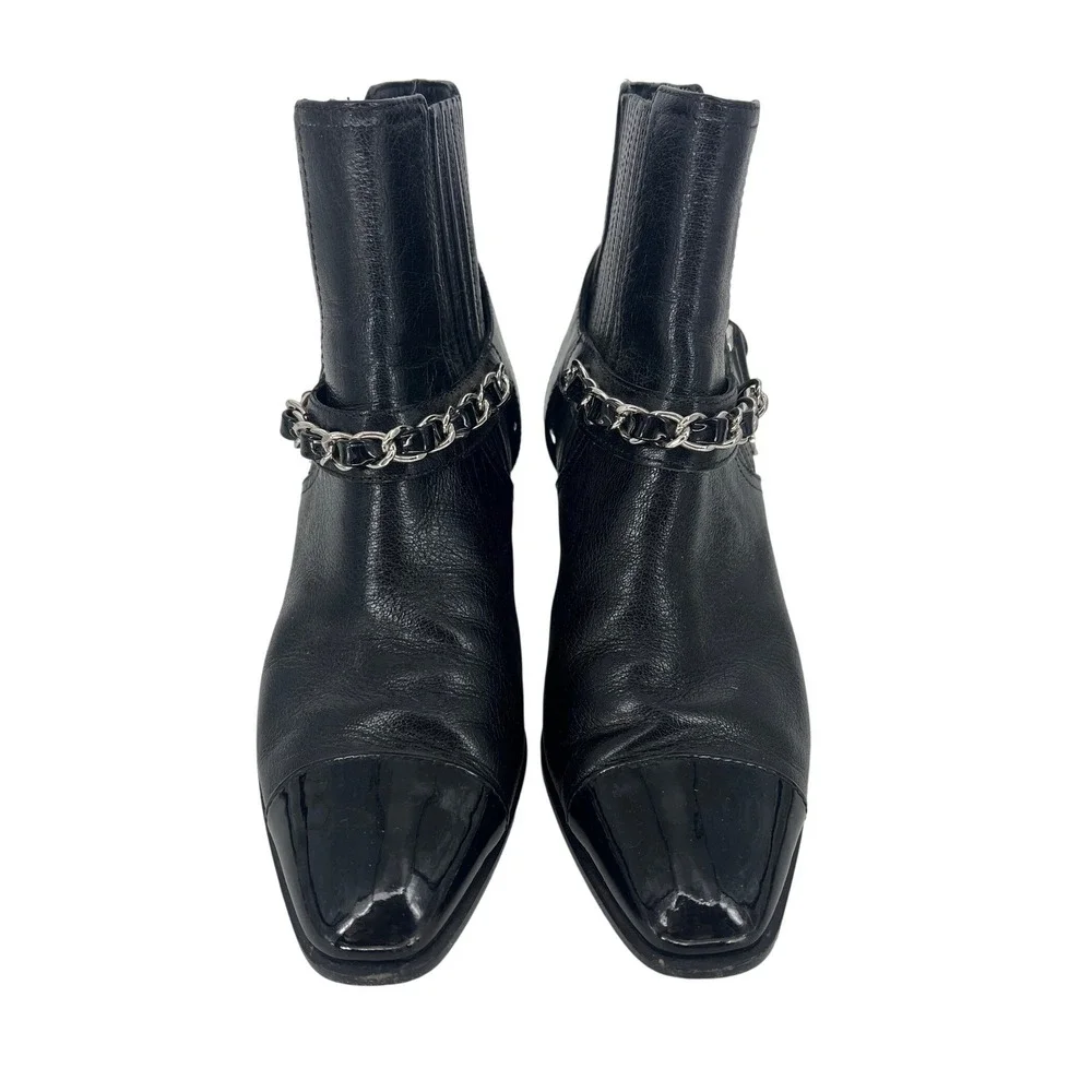 Chanel Interlocking CC Logo Patent Cap Toe Leather Chelsea Boots Black Size 38.5